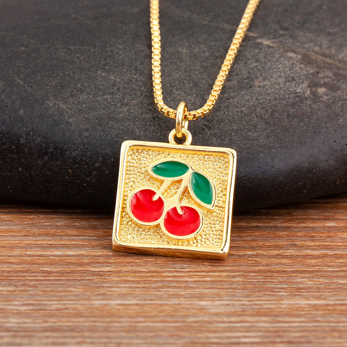 Gold Framed Cherry Pendant Necklace