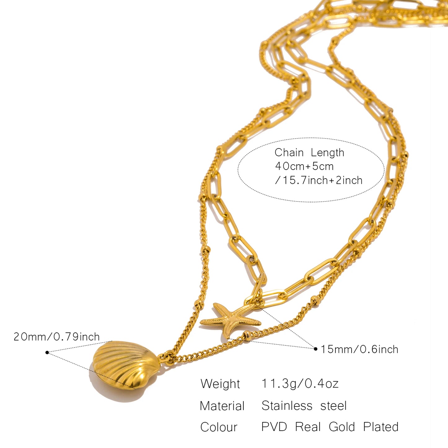 Double Layered Chain Necklace Summer Beach Seashell Starfish Pendant, Stainless Steel Waterproof Jewelry