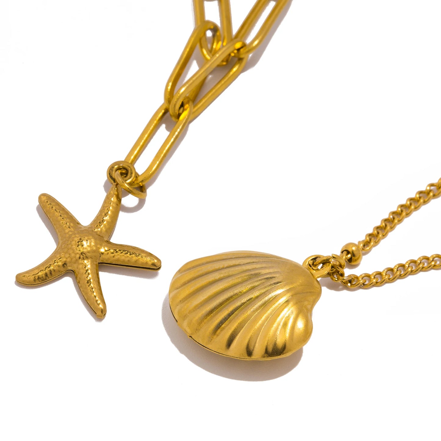 Double Layered Chain Necklace Summer Beach Seashell Starfish Pendant, Stainless Steel Waterproof Jewelry