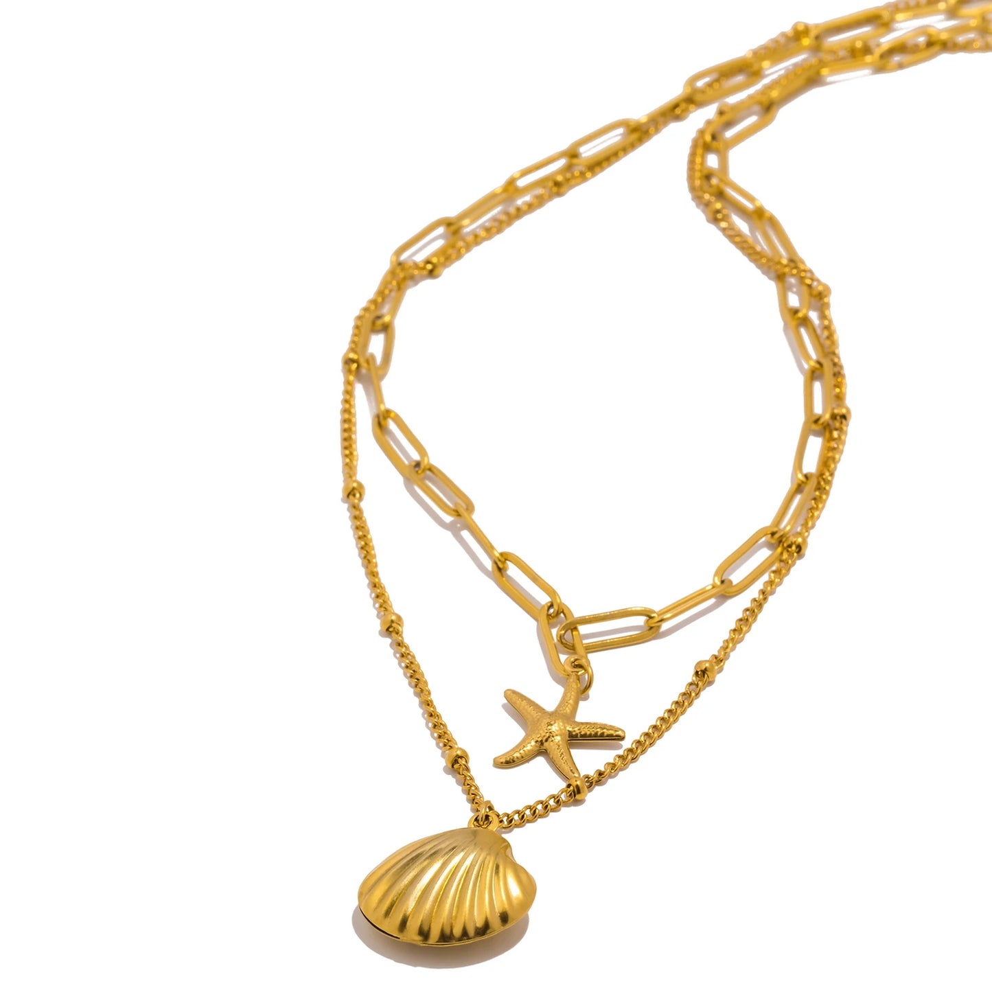 Double Layered Chain Necklace Summer Beach Seashell Starfish Pendant, Stainless Steel Waterproof Jewelry