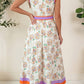 White Floral Print Color Block Trim Belted Sleeveless Maxi Dress