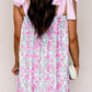 Sky Blue Floral Print Striped Patchwork Bow Knot Straps Mini Dress