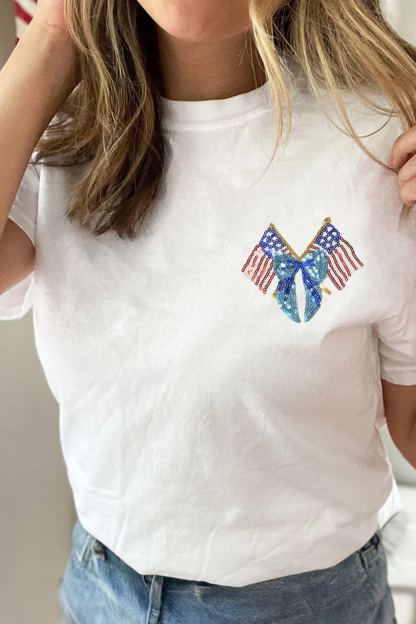 White Patriotic Coquette Flag Sequin Graphic Tee