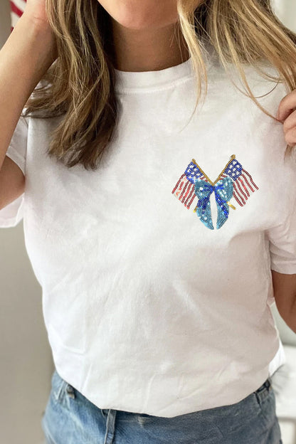 White Patriotic Coquette Flag Sequin Graphic Tee
