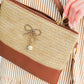 Beige Bow Pearl Decor Straw PU Leather Patched Crossbody Bag