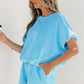 Green Solid Color Puffy Loose Top Drawstring Shorts 2pcs Outfit