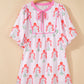 Sky Blue Floral Striped Print Tie Notched Neck Puff Sleeve Flared Mini Dress