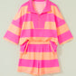 Sky Blue Stripe Half Zipper Placket Bracelet Sleeve Top Casual Shorts Set