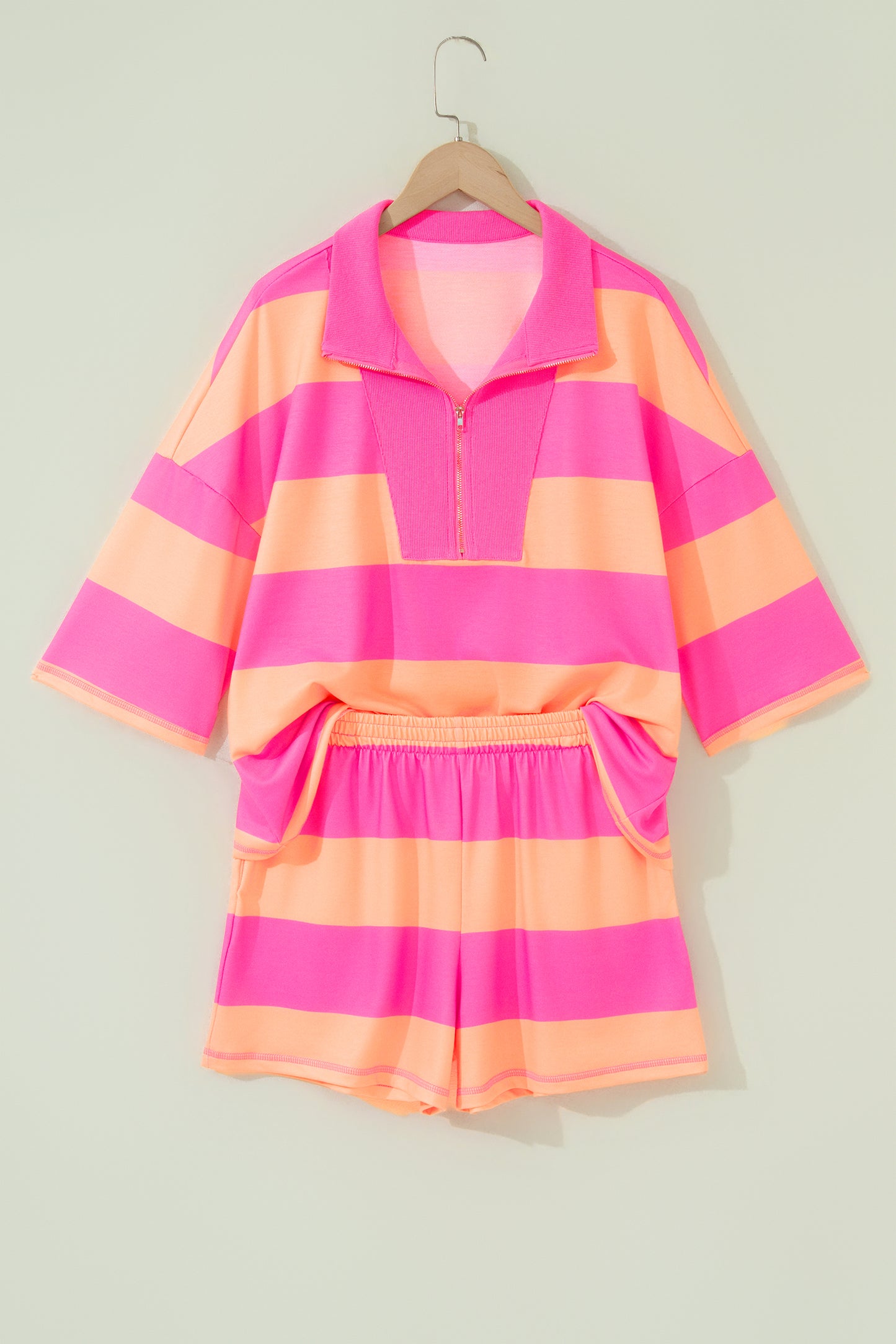 Sky Blue Stripe Half Zipper Placket Bracelet Sleeve Top Casual Shorts Set