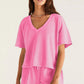 Myosotis V Neck Drop Shoulder Tee and Patchwork Drawstring Elastic Waistband Shorts Set