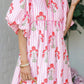Sky Blue Floral Striped Print Tie Notched Neck Puff Sleeve Flared Mini Dress