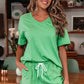 Myosotis V Neck Drop Shoulder Tee and Patchwork Drawstring Elastic Waistband Shorts Set