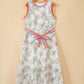 White Floral Print Color Block Trim Belted Sleeveless Maxi Dress