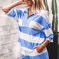 Sky Blue Stripe Half Zipper Placket Bracelet Sleeve Top Casual Shorts Set