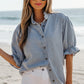 Beau Blue Ruffle Short Puff Sleeve Summer Chambray Shirt