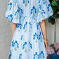 Sky Blue Floral Striped Print Tie Notched Neck Puff Sleeve Flared Mini Dress