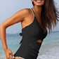 Black Ric Rac Trim Contrasted Patchwork Cutout One Piece Swimsuit