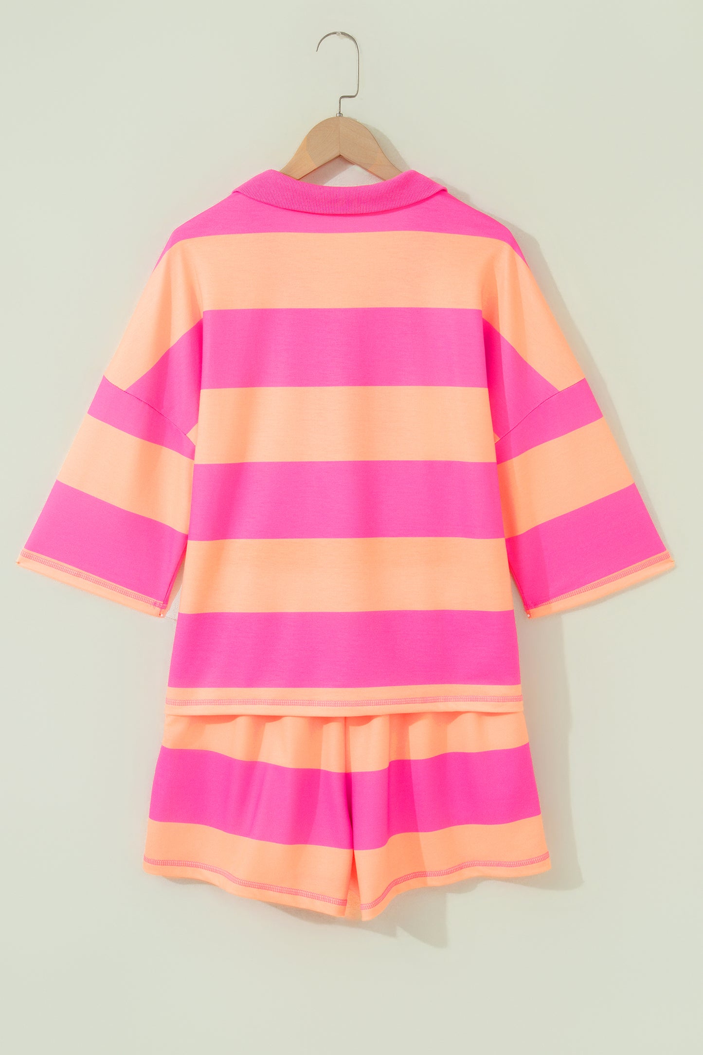 Sky Blue Stripe Half Zipper Placket Bracelet Sleeve Top Casual Shorts Set