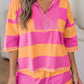 Sky Blue Stripe Half Zipper Placket Bracelet Sleeve Top Casual Shorts Set