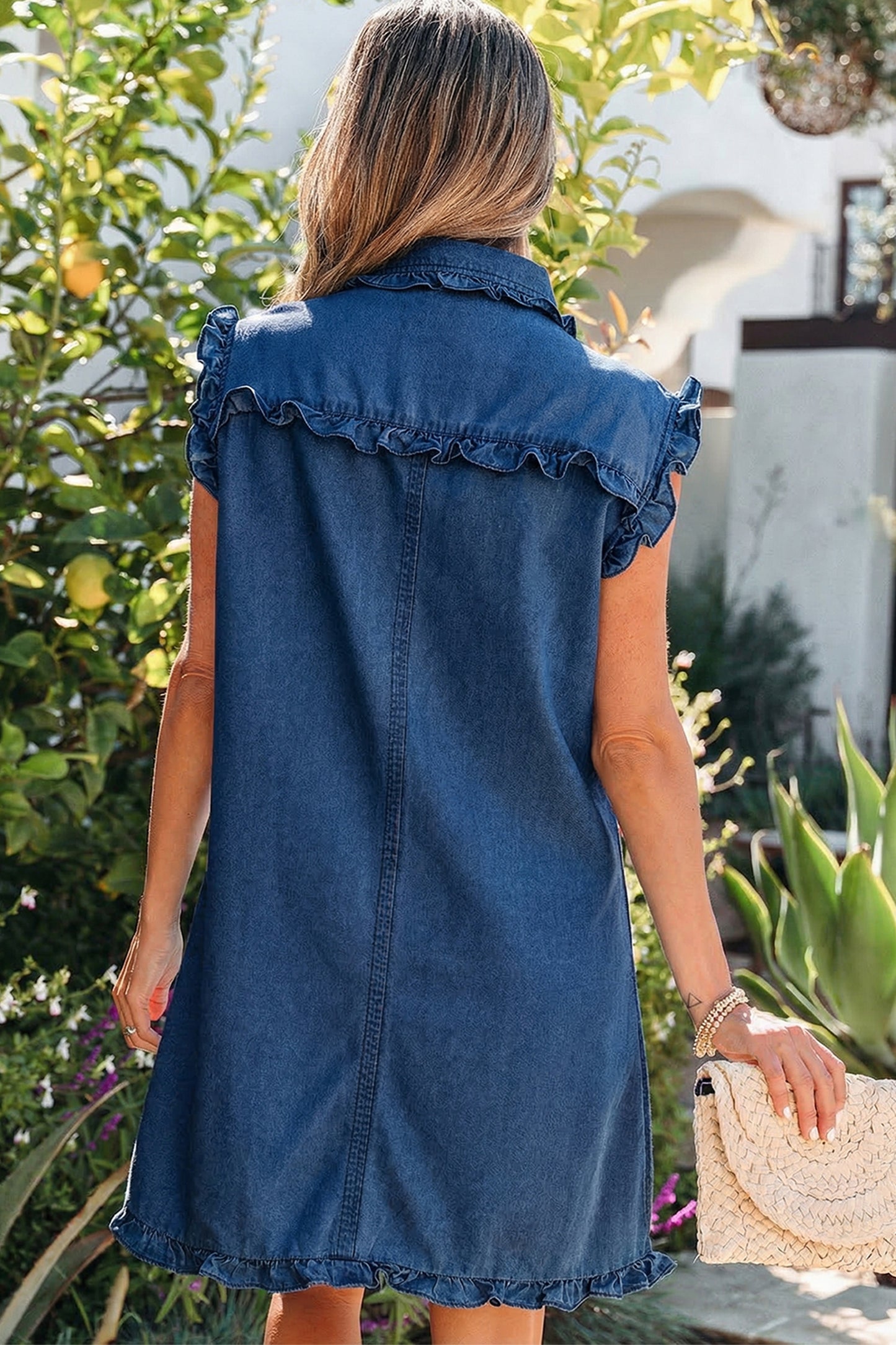 Beau & Sail Blue Ruffled Denim Dress with Pockets
