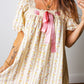 Multicolour Floral Print Contrast Ribbon Bow Lace Trim Square Neck Mini Dress