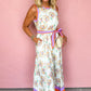 White Floral Print Color Block Trim Belted Sleeveless Maxi Dress