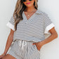 Black Stripe V Neck Tee and Casual Short Set