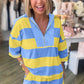 Sky Blue Stripe Half Zipper Placket Bracelet Sleeve Top Casual Shorts Set