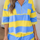 Sky Blue Stripe Half Zipper Placket Bracelet Sleeve Top Casual Shorts Set