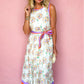White Floral Print Color Block Trim Belted Sleeveless Maxi Dress