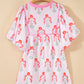 Sky Blue Floral Striped Print Tie Notched Neck Puff Sleeve Flared Mini Dress