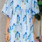 Sky Blue Floral Striped Print Tie Notched Neck Puff Sleeve Flared Mini Dress