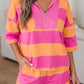 Sky Blue Stripe Half Zipper Placket Bracelet Sleeve Top Casual Shorts Set