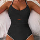 Black Ric Rac Trim Contrasted Patchwork Cutout One Piece Swimsuit