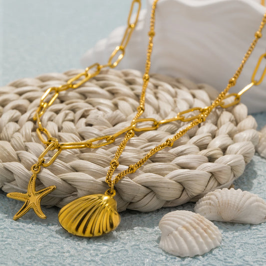 Double Layered Chain Necklace Summer Beach Seashell Starfish Pendant, Stainless Steel Waterproof Jewelry