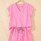 Sachet Pink V Neck Short Sleeve Top Drawstring Shorts 2pcs Set