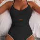 Black Ric Rac Trim Contrasted Patchwork Cutout One Piece Swimsuit