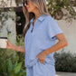 Sky Blue Collared V Neck Tee Drawstring Elastic Waist Shorts 2pcs Outfit