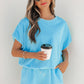 Green Solid Color Puffy Loose Top Drawstring Shorts 2pcs Outfit