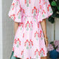 Sky Blue Floral Striped Print Tie Notched Neck Puff Sleeve Flared Mini Dress