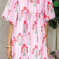 Sky Blue Floral Striped Print Tie Notched Neck Puff Sleeve Flared Mini Dress