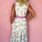 White Floral Print Color Block Trim Belted Sleeveless Maxi Dress
