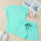 Sachet Pink V Neck Short Sleeve Top Drawstring Shorts 2pcs Set