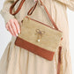 Beige Bow Pearl Decor Straw PU Leather Patched Crossbody Bag