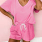 Myosotis V Neck Drop Shoulder Tee and Patchwork Drawstring Elastic Waistband Shorts Set