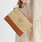 Beige Bow Pearl Decor Straw PU Leather Patched Crossbody Bag