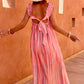Pink Stripe Ruffled Straps Ribbon Knot Flowy Vacation Maxi Dress