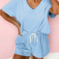 Myosotis V Neck Drop Shoulder Tee and Patchwork Drawstring Elastic Waistband Shorts Set