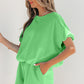 Green Solid Color Puffy Loose Top Drawstring Shorts 2pcs Outfit