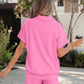 Sky Blue Collared V Neck Tee Drawstring Elastic Waist Shorts 2pcs Outfit